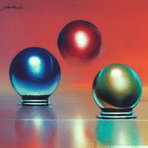 Prompt: chrome spheres on a red cube by john harris