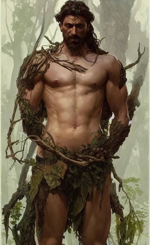 Image similar to god of the forest, 3 0 years old, rugged, male, gorgeous, detailed face, amazing, thighs!!!!!!, muscular, intricate, highly detailed, digital painting, artstation, concept art, sharp focus, illustration, art by greg rutkowski and alphonse mucha