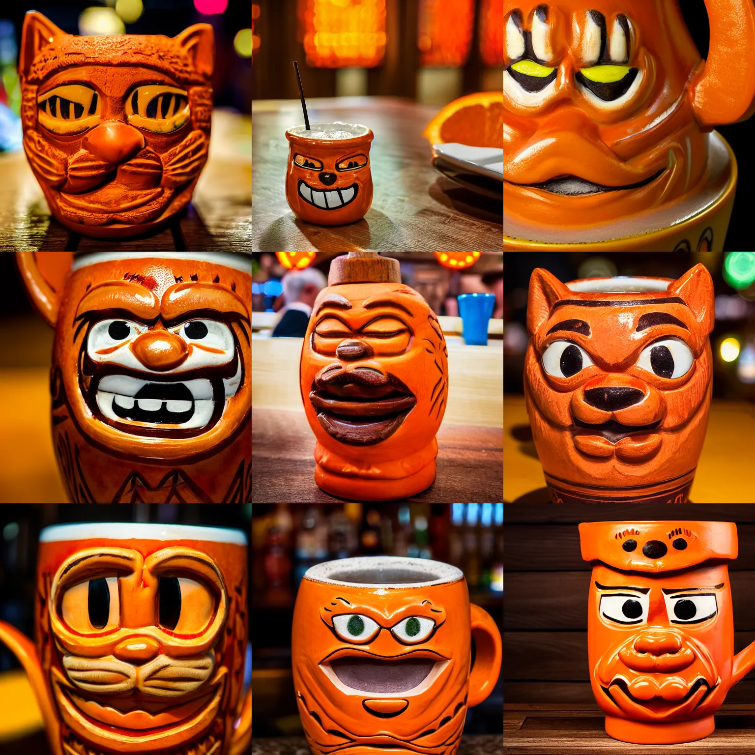 Prompt: a closeup photorealistic photograph of an orange garfield cat style tiki mug at a trader vic's bar with garfield's face on the front. tiki party. bright scene. fine detail. this 4 k hd image is trending on artstation, featured on behance, well - rendered, extra crisp, features intricate detail, epic composition and the style of unreal engine.