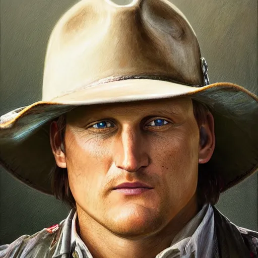 Prompt: portrait painting [ woody harrelson ] from zombieland with a cowboy hat and bloody golf club, ultra realistic, concept art, intricate details, eerie, highly detailed, photorealistic, octane render, 8 k, unreal engine. art by artgerm and greg rutkowski and alphonse mucha