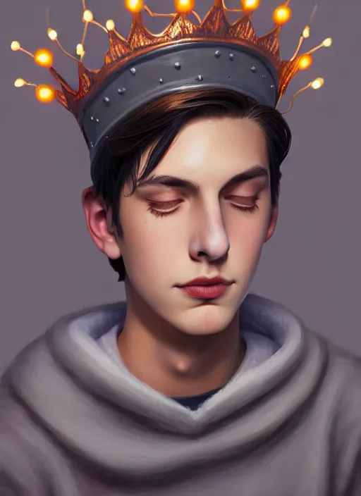 Image similar to portrait of teenage jughead jones wearing a light grey crown, crown, hamburger background, eyes closed, crown, black hair, orange, intricate, elegant, glowing lights, warm lighting, highly detailed, digital painting, artstation, concept art, smooth, sharp focus, illustration, art by wlop, mars ravelo and greg rutkowski