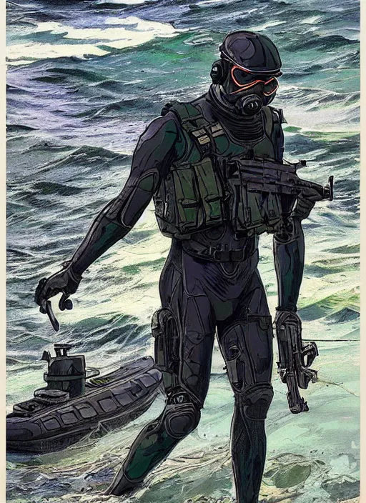 Image similar to Chidi. USN blackops operator emerging from water at the shoreline. Operator wearing Futuristic cyberpunk tactical wetsuit and looking at an abandoned shipyard. Frogtrooper. rb6s, MGS, and splinter cell Concept art by James Gurney, Alphonso Mucha. Vivid color scheme.