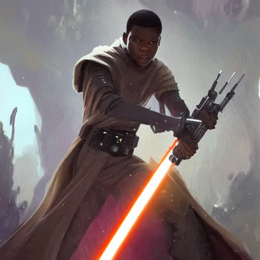 Image similar to scifi art by greg rutkowski, ben skywalker and a jedi that looks like john boyega sparring with lightsabers at a jedi temple, star wars expanded universe, he is about 3 0 years old, highly detailed portrait, digital painting, artstation, concept art, smooth, sharp foccus ilustration, artstation hq