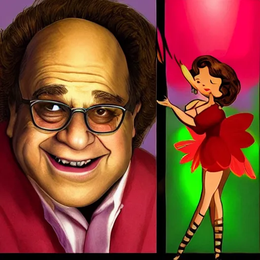 Prompt: stylized, hand drawn, Danny DeVito as the tooth fairy, sexy, feminine, backlit, cinematic lighting