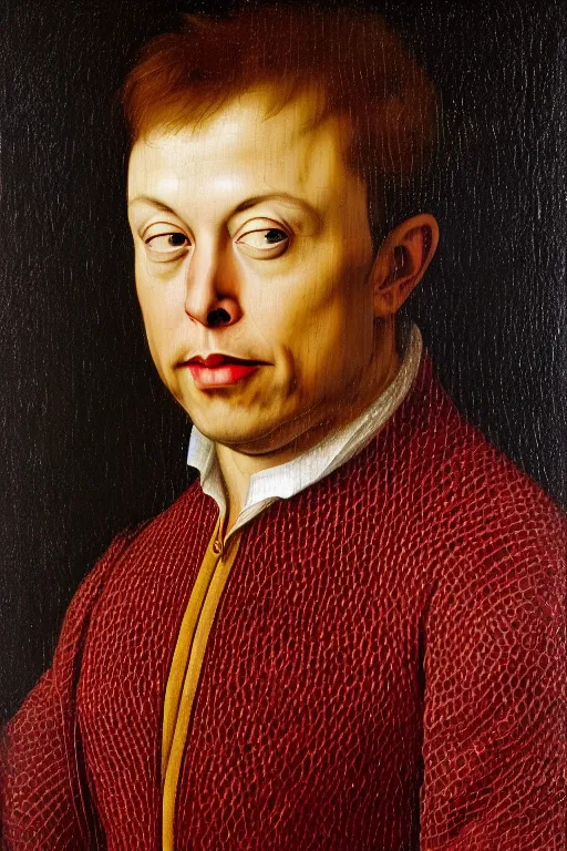 Image similar to renaissance 1 6 0 0 portrait of elon musk, oil painting by jan van eyck, northern renaissance art, oil on canvas, wet - on - wet technique, realistic, expressive emotions, intricate textures, illusionistic detail