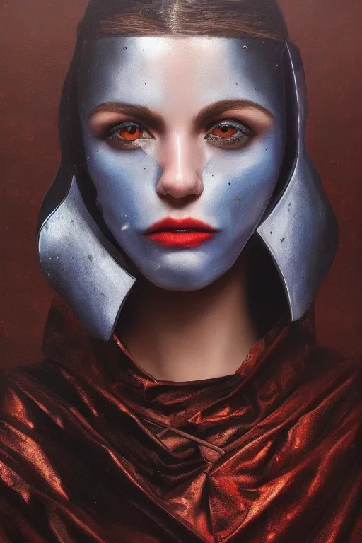 Image similar to hyperrealism oil painting, close - up portrait of european medieval brunette vampire fashion model, knight, steel gradient mixed with nebula sky, in style of baroque