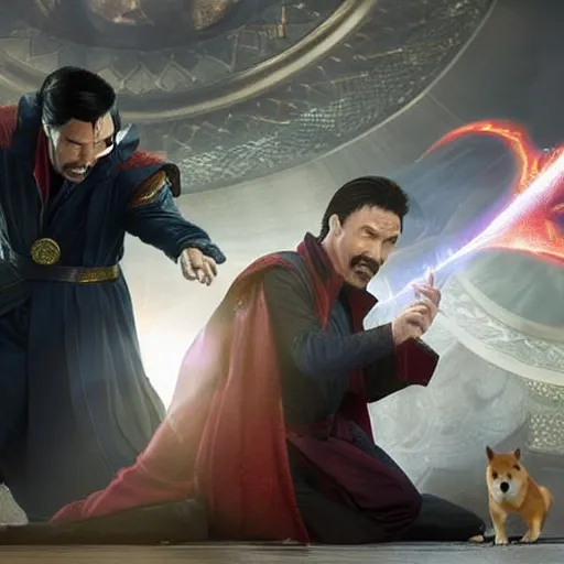 Prompt: dr. strange casting a shield spell in the metaverse with a shiba inu at his feet, hyper realistic, highly detailed, perfect face, smooth, focus, movie still, cinematic