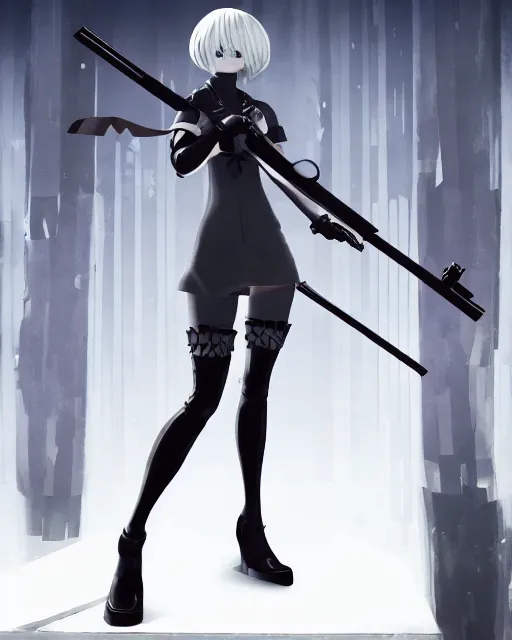 Image similar to 2B from Nier Automata and with slender body type standing holding a rifle, cartoon illustration, 8k