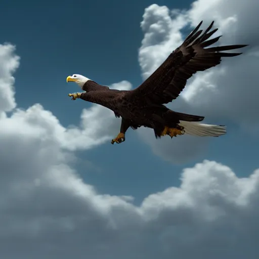 Prompt: eagle flying through the sky with a few heavenly clouds, octane render, photo realistic, hyper detailed, 8 k