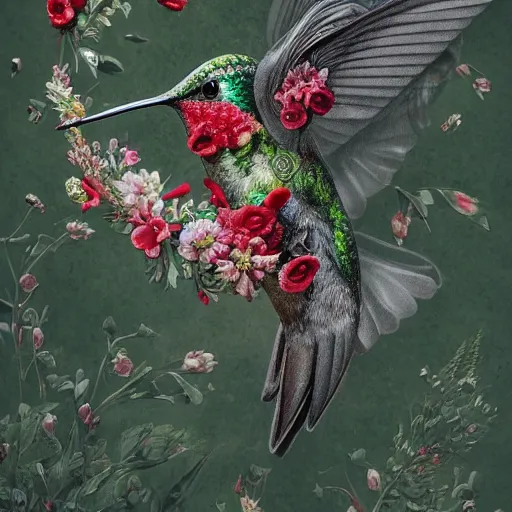 Image similar to hummingbird, body and wings covered with fine floral ornaments, eye - level medium angle shot, intricate, floral background, by esao andrews, by m. w. kaluta, by yoshita amano, natural lighting, smooth, 3 d octane render, depth perception, 4 k,, artstation