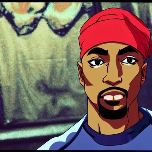 Image similar to Tupac Shakur, screenshot from a 2012s anime