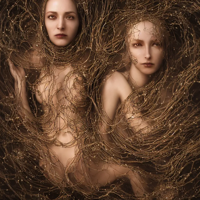 Image similar to portrait of a beautiful woman entangled in fleshy translucent tendrils, chaotic ferrofluids, occult, photography by annie leibovitz, octane render, glow, dramatic lighting, intricate fine ornaments, translucency, lighting 8k, cinematic, blur, shallow depth of field, neuro web, plasma