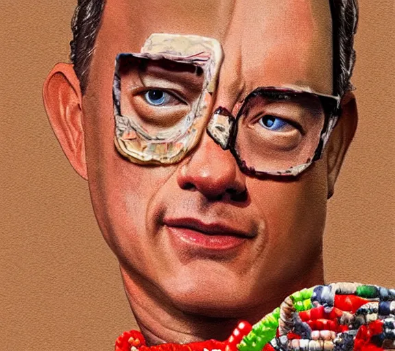 Image similar to Tom hanks as forrest gump wearing a necklace made out of shrimps around the neck, realistic face, digital art, in the style of Marek Okon, amazing detail, artstation, long shot