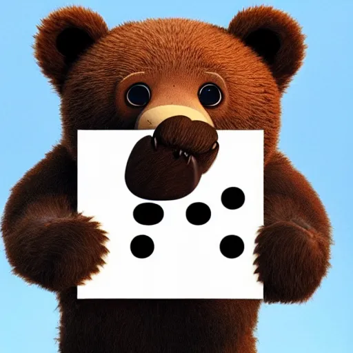 Image similar to a bear holding a'please'sign, in the style of pixar