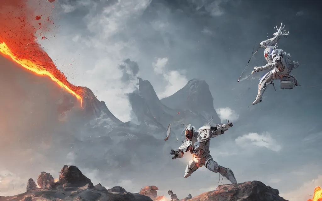 Prompt: a man in white armor flies from volcano , symmetry, intricate, highly detailed, artstation trending, ray tracing, cinematic, art by andrey surnov, concept art,