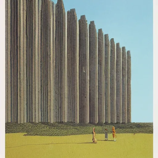 Prompt: countryside, summer day, brutalism building, by moebius, by dan mcpharlin,