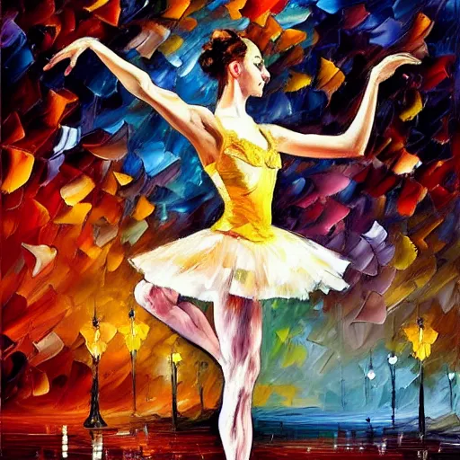 Prompt: palette knife oil painting of a leaping ballerina dancer, extreme detail, style by leonid afremov and degas, artstation, artgerm, deviant art, octane, substance, art history