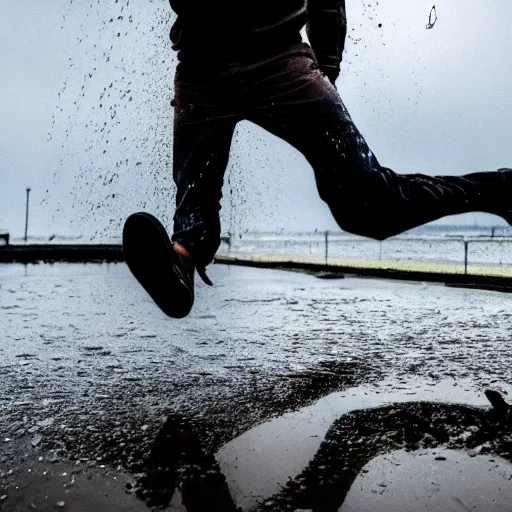 Prompt: a photography of a man jumping over a puddle of water in a rainha day