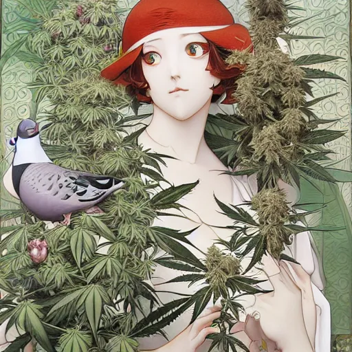 Image similar to two pigeon, cannabis tree, pigeons and trees by Range Murata and Mucha