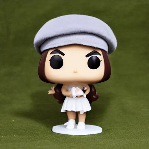 Image similar to Elmiira; funko pop of girl with short brown hairm, wearing a beret; white shirt; funko pop