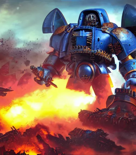 Prompt: warhammer 40k one ultramarine on the battle field, explosions, ruins on the background, digital art, illustration, wide angle, fine details, cinematic, highly detailed, octane render, unreal engine