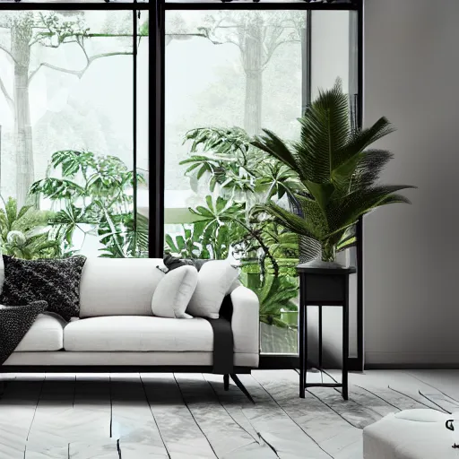 Prompt: a modern indoor room clean architecture a couch a couch table some plants daylight peaceful 8 k octane render