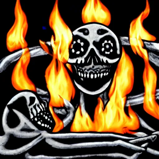 Prompt: Black skeletons burning in white fire, comic style, horror image