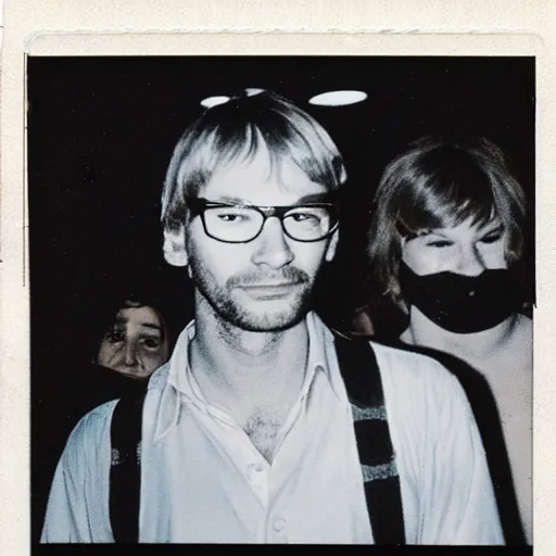 Image similar to jeffrey dahmer in a nightclub with glowsticks, late 7 0 s polaroid photo