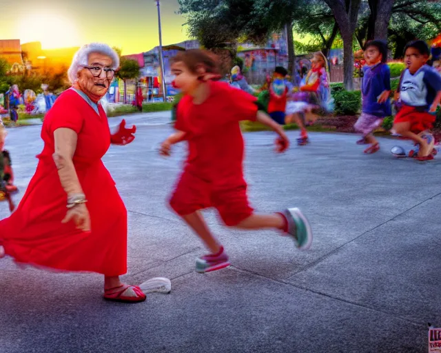 Image similar to Hispanic Granny In A Red MuMu Throwing A Slide Sandal At A Bunch Of Kids Running Away From Her, Anime Style, Manga Style, 8K, HDR, San Antonio Texas Cityscape Sunset, HDR, volumetric lighting, Hyperrealistic-H 960