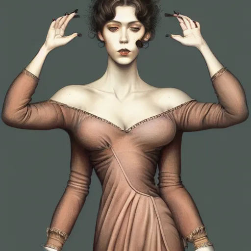 Prompt: wearing a full tight curvy long dress female, soft painting of lifelike curiosities and illusions, perfectly detailed linework, symmetrical accurate intricate sensual features, highly detailed, artstation, sharp focus, tom bagshaw