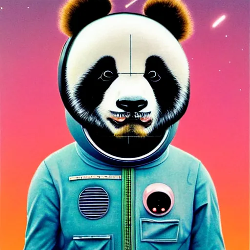 Image similar to Portrait of a Panda astronaut wearing helmet in the style of James Gilleard, Zdzislaw Beksinski, Mark Ryden, Wolfgang Lettl highly detailed, hints of Yayoi Kasuma