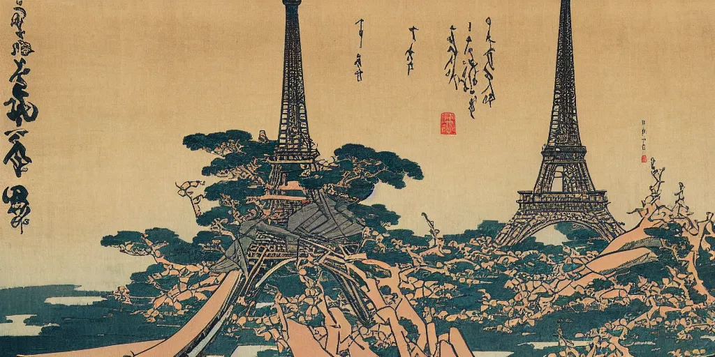 Image similar to i, Paris Eiffel tower by Hokusai