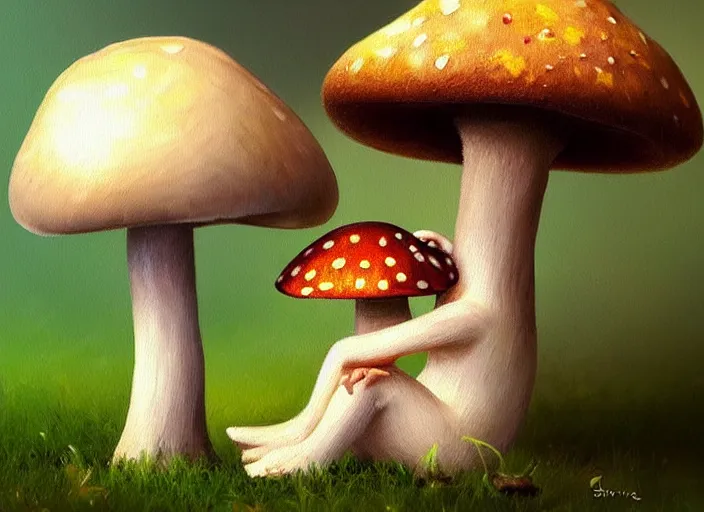 Image similar to a cute creature sitting next to a mushroom, realistic, very detailed, complex, intricate, studio lighting, superres sharpening, bokeh, sigma 5 0 mm f 1. 4, impressionist painting, digital painting, artstation, simon stalenha