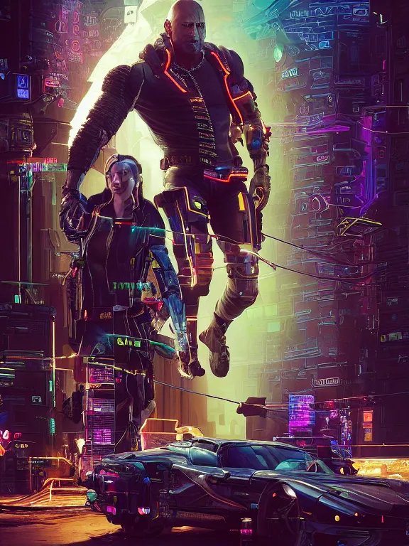 Image similar to a cyberpunk 2077 illustration half body portrait of Dwayne Johnson and a female android with complex mess of cables and wires behind them connected to giant computer, love,film lighting, by laurie greasley,Lawrence Alma-Tadema,William Morris,Dan Mumford, trending on atrstation, full of color, mythological, high detailed,golden ratio,cinematic lighting