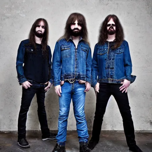Image similar to Proto-metal band, long shaggy hair, double denim, 2022 photograph, band promo, HD photograph