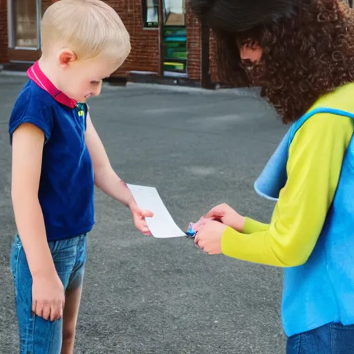 Image similar to a child exchanging a ticket for a coin from an adult, photorealistic