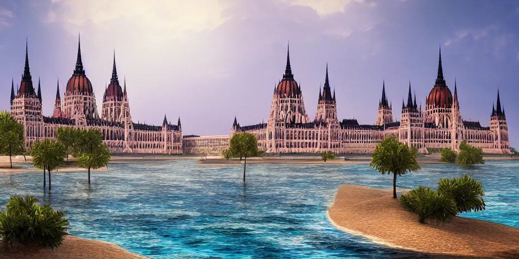 Image similar to matte painting of a hungarian parliament underwater-beach, palm trees behind, 4k, 8k, highly detailed, trending on ArtStation, CGSociety