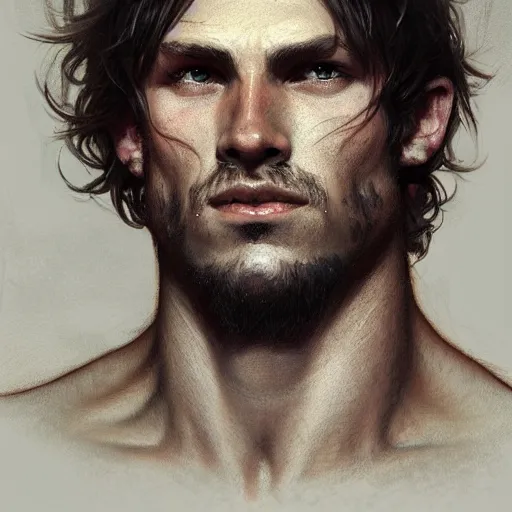 Image similar to portrait of a young rugged beserker, muscular, upper body, hairy torso, D&D, fantasy, intricate, cinematic lighting, highly detailed, digital painting, artstation, concept art, smooth, sharp focus, illustration, art by Artgerm and Greg Rutkowski and Alphonse Mucha