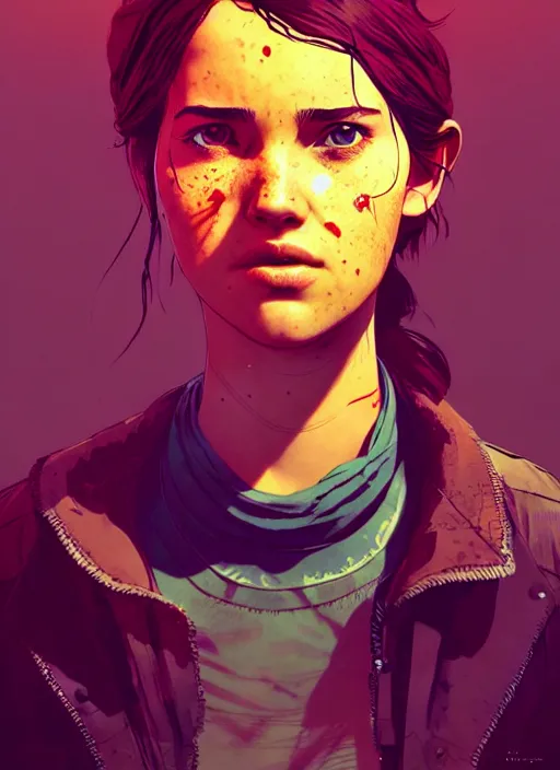 Prompt: portrait of ellie from the last of us 2, artstation winner by victo ngai, kilian eng and by jake parker, by conrad roset, swirly vibrant color lines, winning award masterpiece, fantastically gaudy, aesthetic octane render, 8 k hd resolution