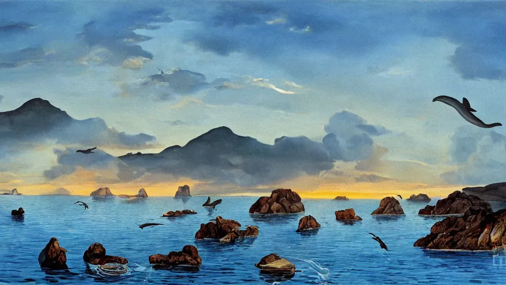 Prompt: High-Quality surrealist painting of Cap de Creus with dolphins at dawn, peaceful, very detailed, oil painting by Salvador Dalí.