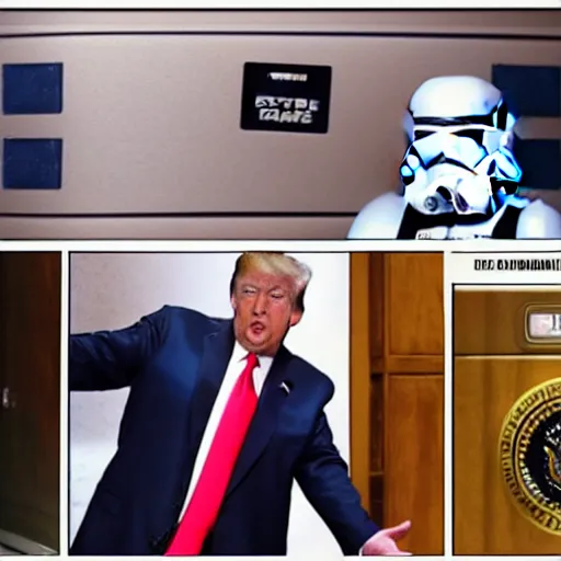 Image similar to Trump trying to protect his huge safe from the deep state agents wearing Storm Trooper gear, angry, kinetic, outrageous,