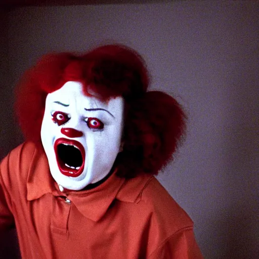 Image similar to creppy 2 0 0 1 photo of ronald mcdonald screaming in a dark room