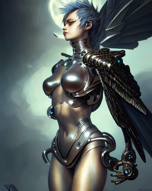 Image similar to 3 / 4 view of a cyborg woman with metal wings, pixie character, genshin impact, fantasy magic, dark light night, intricate, elegant, sharp focus, illustration, highly detailed, concept art, matte, art by wlop and artgerm and greg rutkowski, anime, trending on artstation