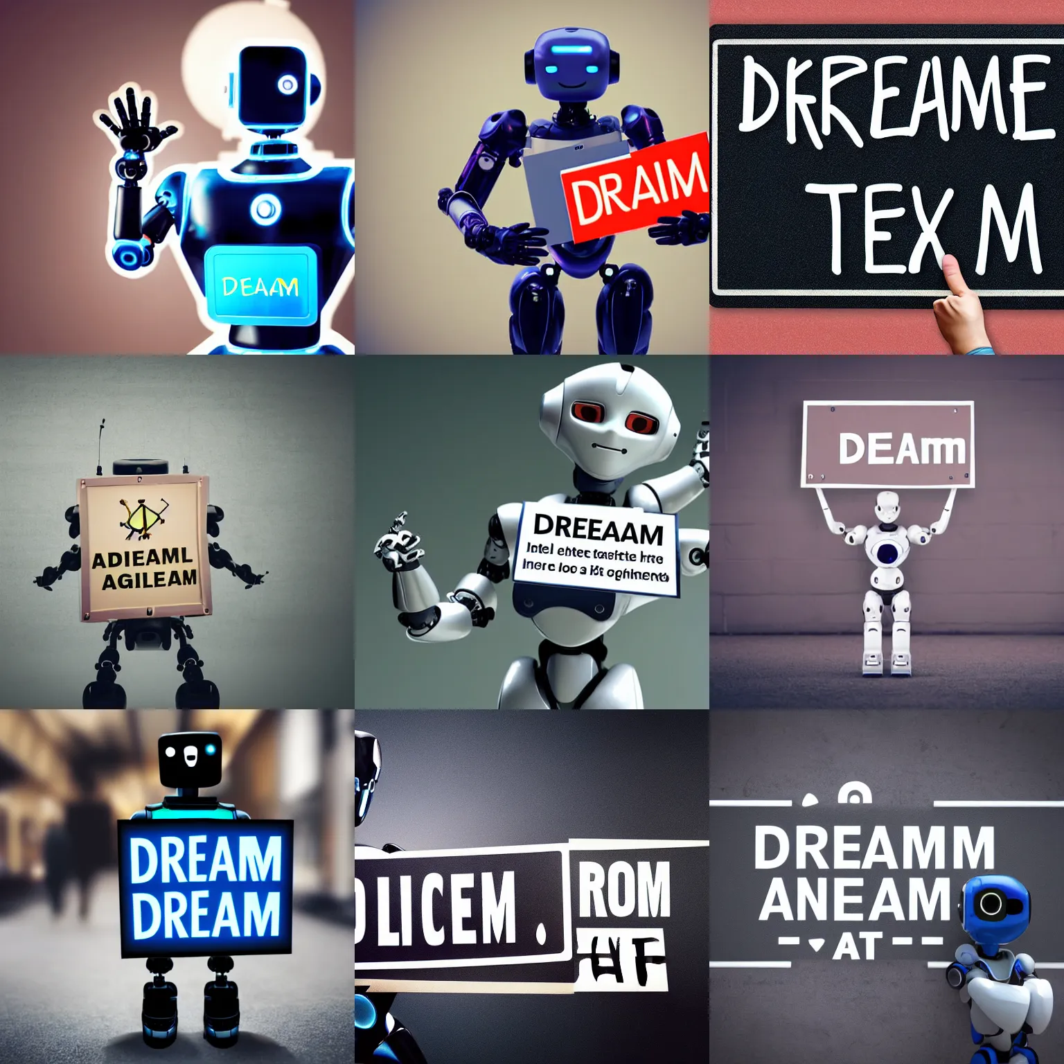 Image similar to artificial intelligence robot holding a sign with text that reads : dream