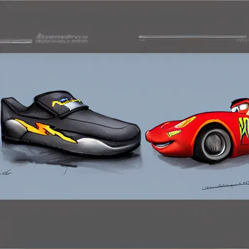 Image similar to Lightning McQueen shoes, concept art, matte painting