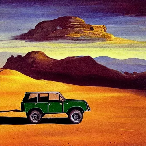 Image similar to a painting of a green range rover in the desert with mountains in the background during sunset, by Salvador Dalí