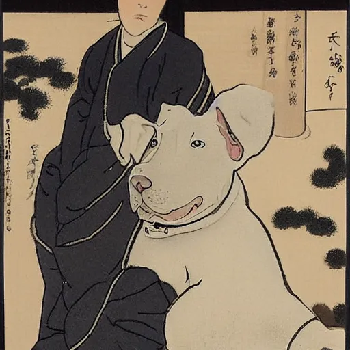 Image similar to tired white pitbull puppy curled up on a japanese man's lap, vintage, art by utamaro