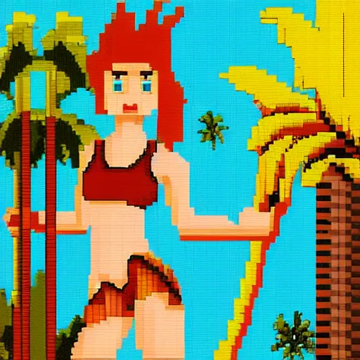 Image similar to pixel art, 32-bit pixel art, barbarian girl, electrified hair, prehistoric fantasy, palm trees