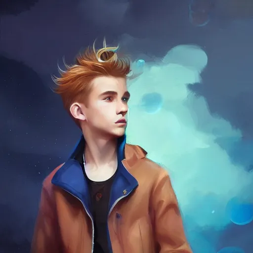 Image similar to colorful and festive captivating young boy with wavy blonde hair, navy blue jacket and blue shorts, with big brown boots. rich vivid colors, ambient lighting, dynamic lighting, 4 k, atmospheric lighting, painted, intricate, highly detailed by charlie bowater