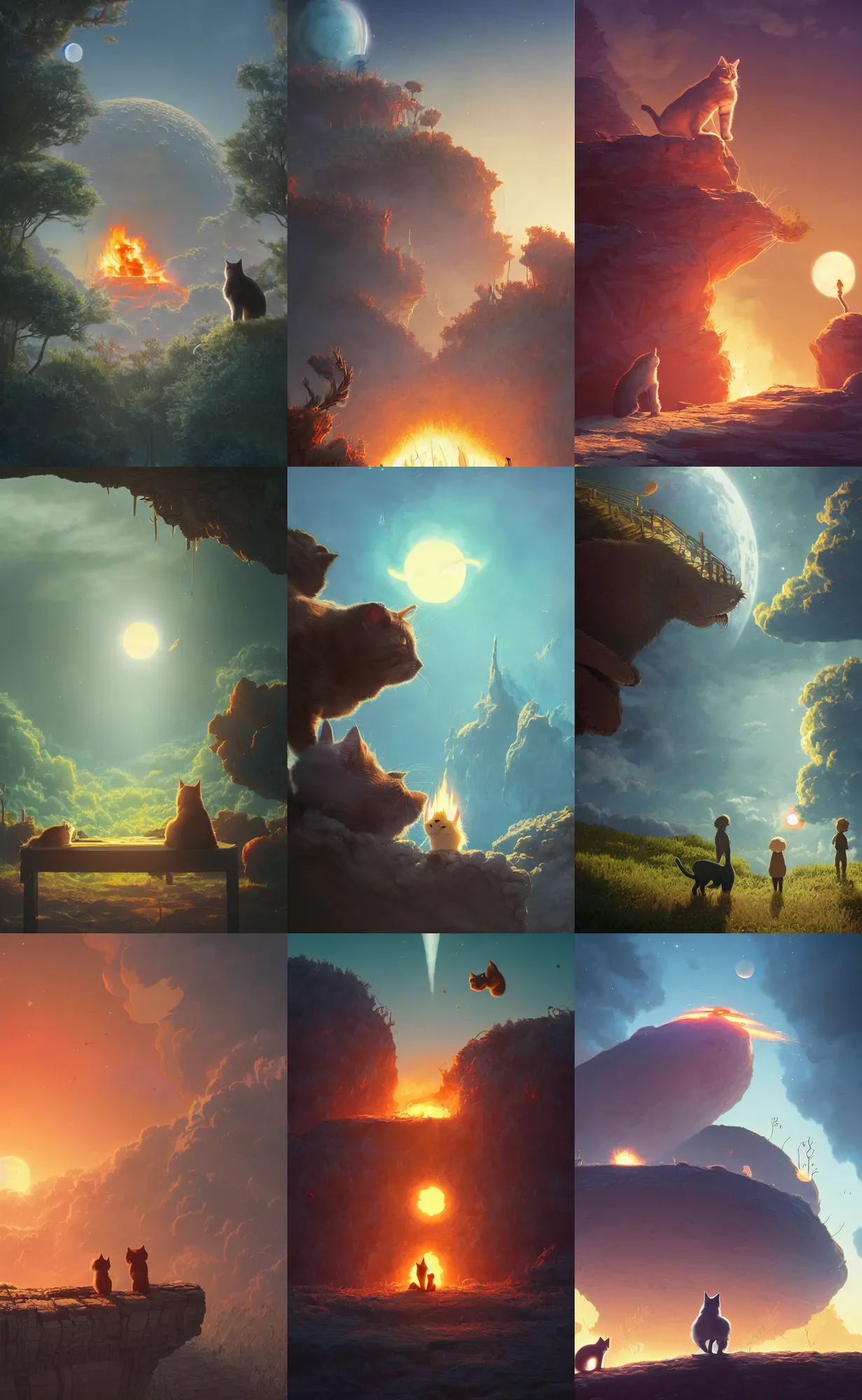 Prompt: a wholesome illustration of a cats POV of the end of the world, burning planet, studio Ghibli, Pixar and Disney animation, sharp, Rendered in Redshift and Unreal Engine 5 by Greg Rutkowski, Bloom, dramatic lighting